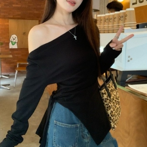 가을신상 오프숄더 언발란스 허리끈 슬림핏 긴팔 티셔츠 HES-068