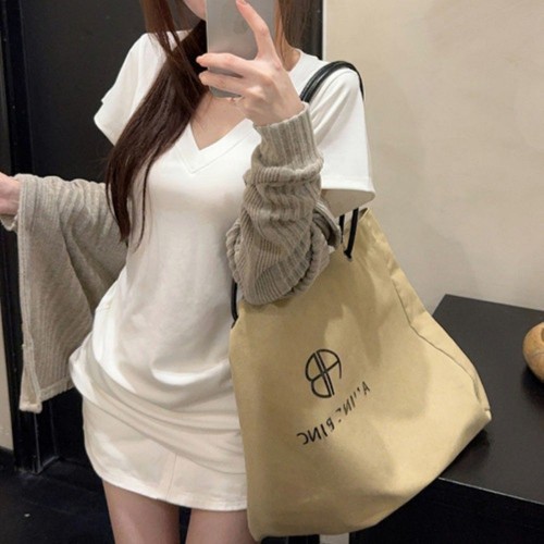 여성 데일리 브이넥 반팔 롱 티셔츠 FSF-G 0013