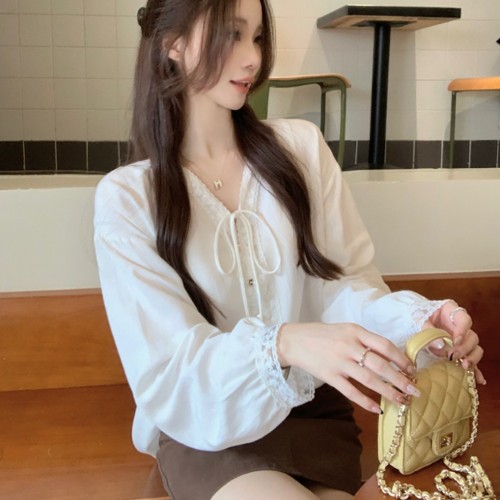 브이넥 레이스 리본 블라우스 LL_T215