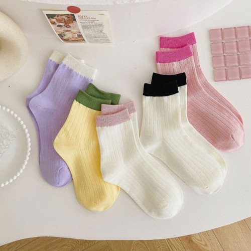 파스텔 배색 골지 중목 패션양말 5color  DK-0656