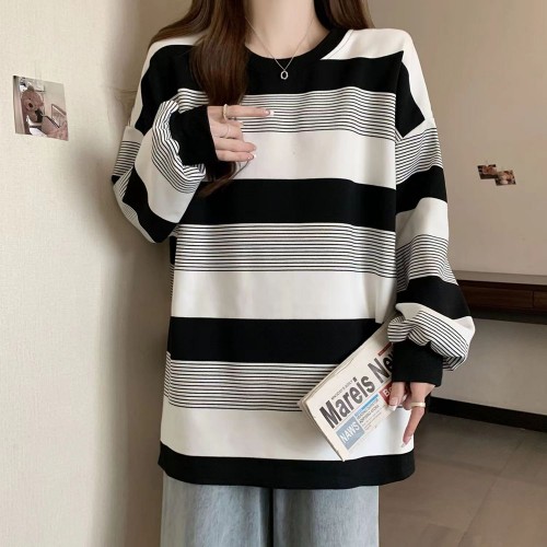 여성 오버핏 긴팔 티셔츠 스트라이프 루즈핏 라운드넥