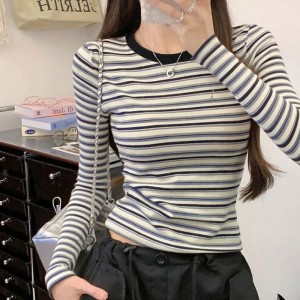 여성 가을 슬림핏 긴팔티 스트라이프 캐주얼 티셔츠
