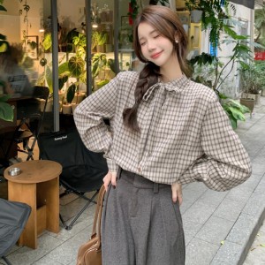 체크 리본넥 블라우스 T_218