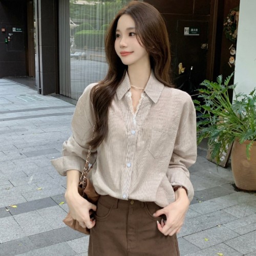 브이넥 레이스 스트라이프 셔츠 T_219