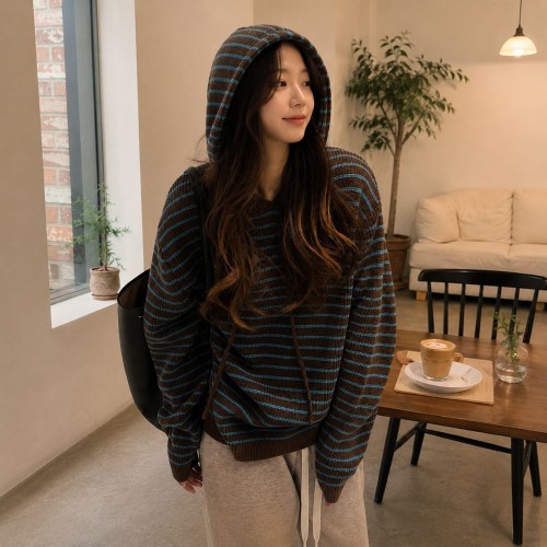 여성 스트라이프 니트 후드 티셔츠