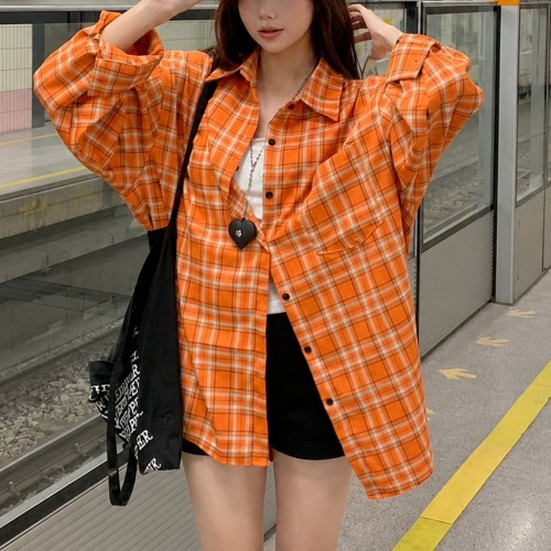 캐주얼 루즈핏 오렌지체크 간절기 셔츠