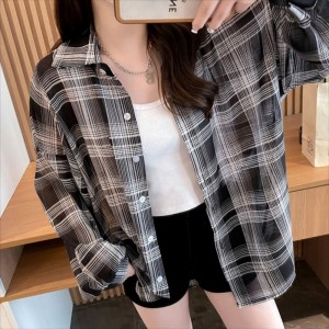 오버핏 시스루 찰랑 체크셔츠