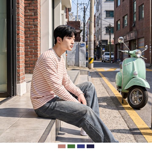 남자 스트라이프 긴팔티 데일리룩