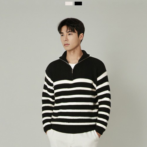 남자 스트라이프 반집업 하이넥 니트 데일리
