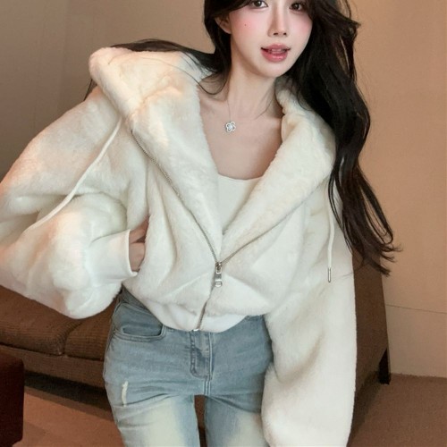 제시 인조밍크 퍼 크롭 후드 자켓 HES-102