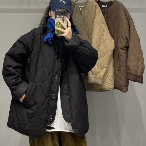 물결 퀼팅 누비 단추 누비 패딩 자켓