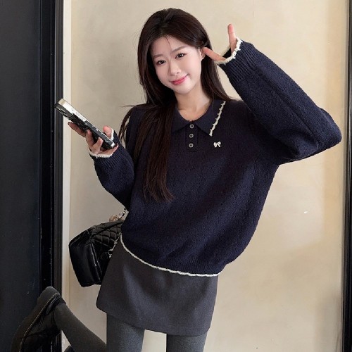 배색 카라 펀칭 리본 니트 LL_T224