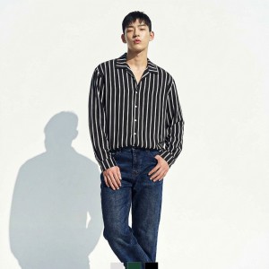 남자 오픈카라 스트라이프 셔츠 긴팔 캐주얼