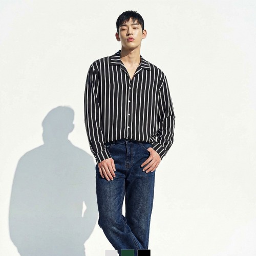 남자 오픈카라 스트라이프 셔츠 긴팔 캐주얼